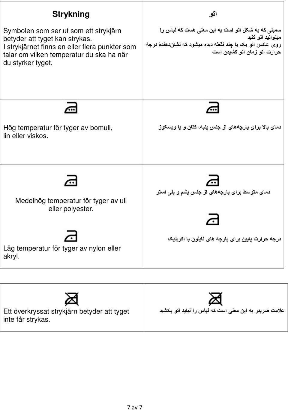 bomull, lin eller viskos. دمای باال برای پارچه ھای از جنس پنبه کتان و يا ويسکوز Medelhög temperatur för tyger av ull eller polyester.