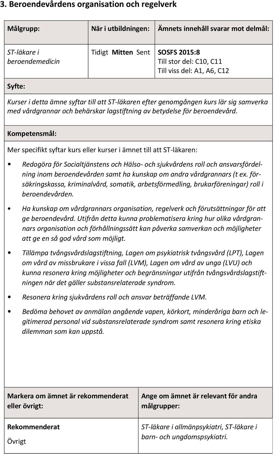 Mer speifikt syftar kurs eller kurser i ämnet till att ST läkaren: Redogöra för Soialtjänstens oh Hälso oh sjukvårdens roll oh ansvarsfördelning inom beroendevården samt ha kunskap om andra