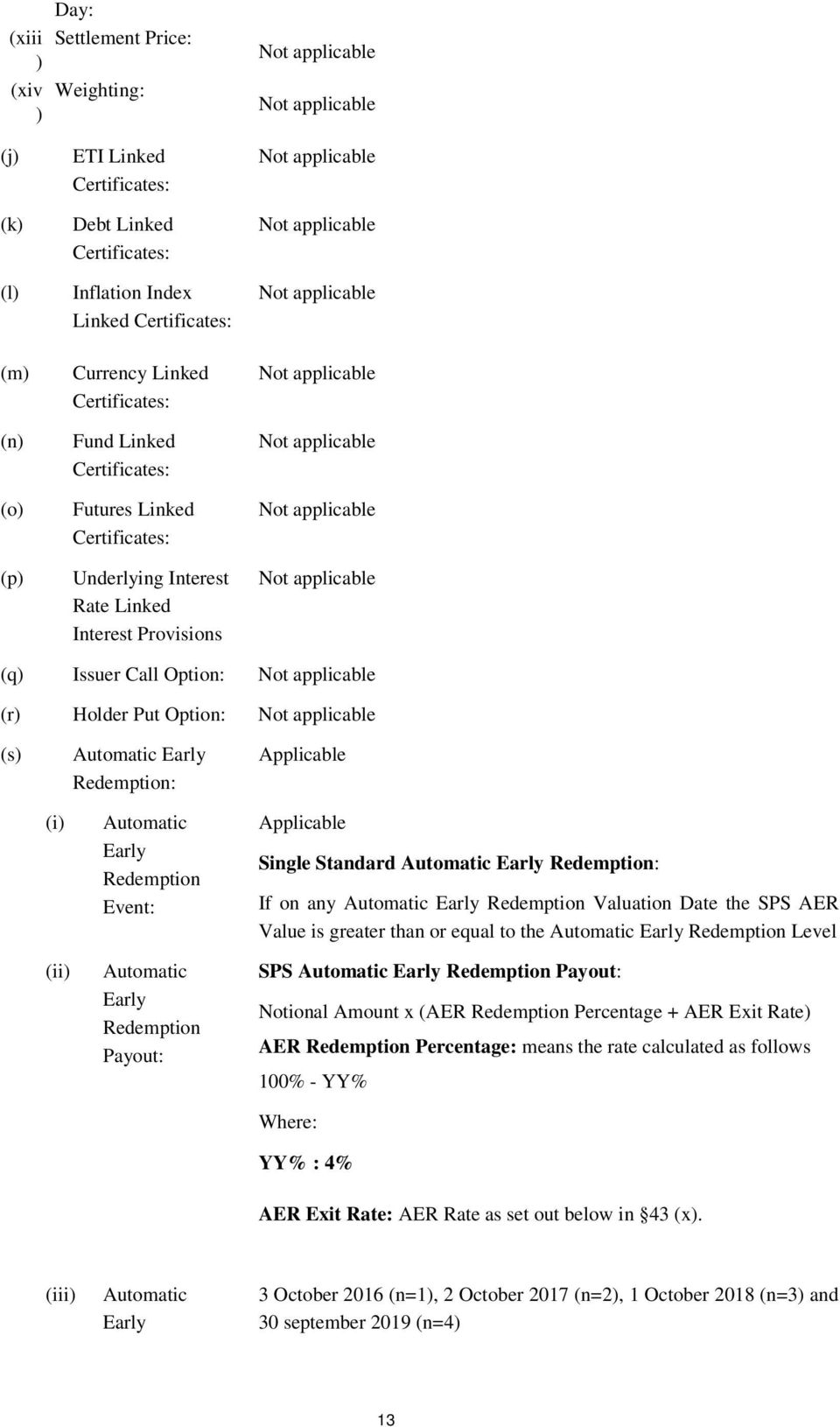 (ii) Automatic Early Redemption Event: Automatic Early Redemption Payout: Applicable Single Standard Automatic Early Redemption: If on any Automatic Early Redemption Valuation Date the SPS AER Value