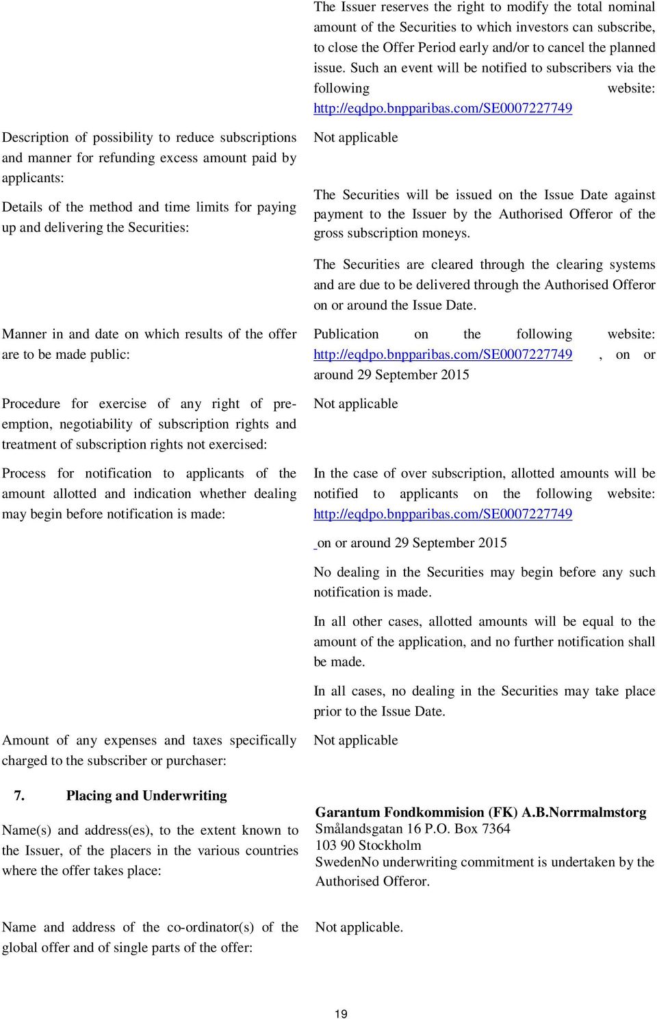 com/se0007227749 Description of possibility to reduce subscriptions and manner for refunding excess amount paid by applicants: Details of the method and time limits for paying up and delivering the