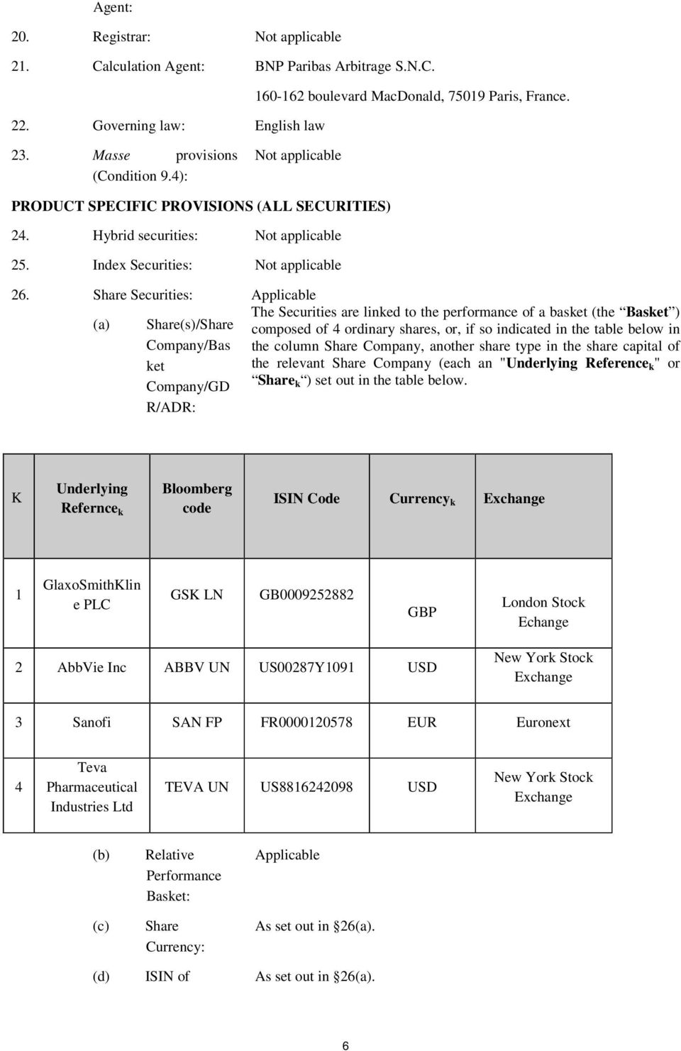 Share Securities: Applicable (a) Share(s)/Share Company/Bas ket Company/GD R/ADR: The Securities are linked to the performance of a basket (the Basket ) composed of 4 ordinary shares, or, if so