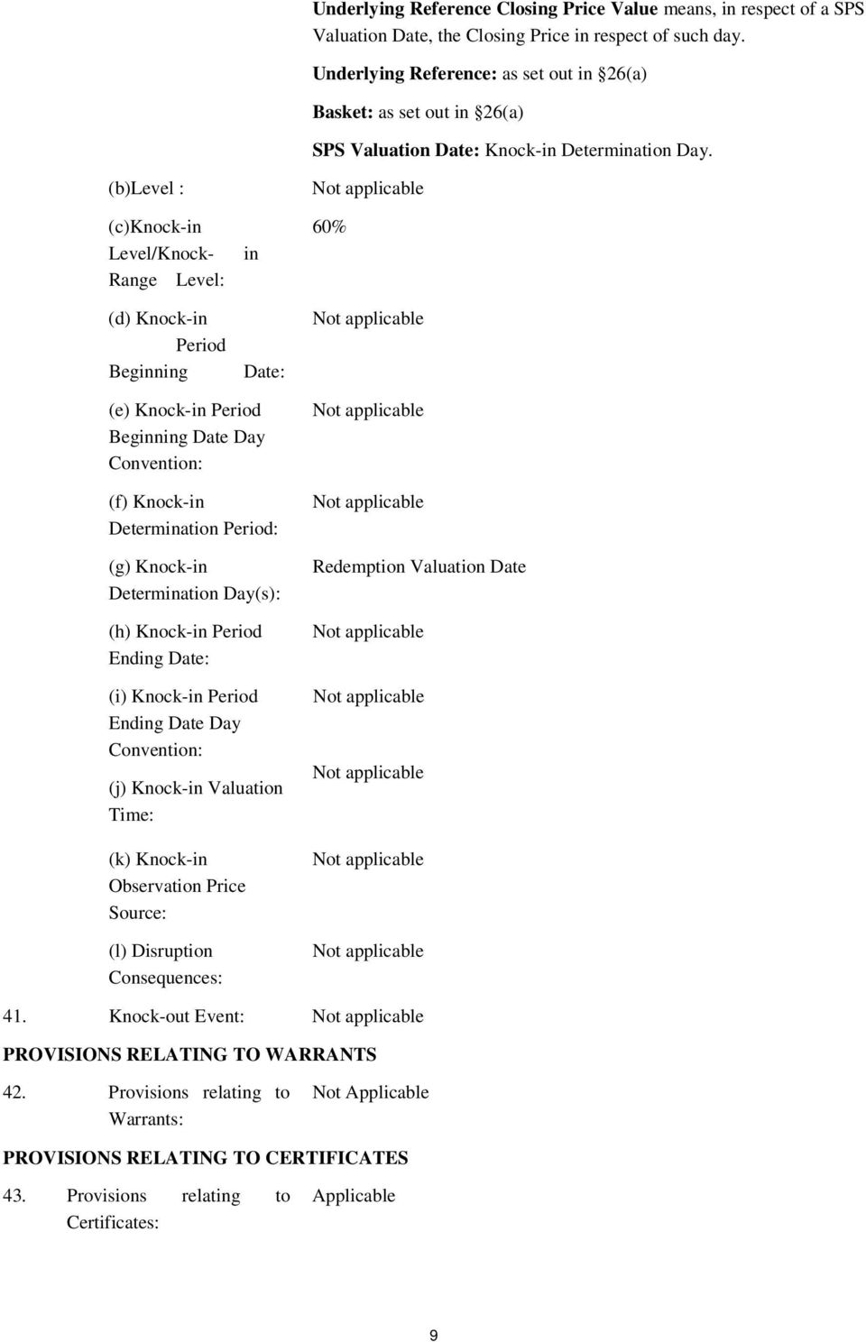 (b)level : (c)knock-in Level/Knock- Range Level: (d) Knock-in Period Beginning in Date: 60% (e) Knock-in Period Beginning Date Day Convention: (f) Knock-in Determination Period: (g) Knock-in