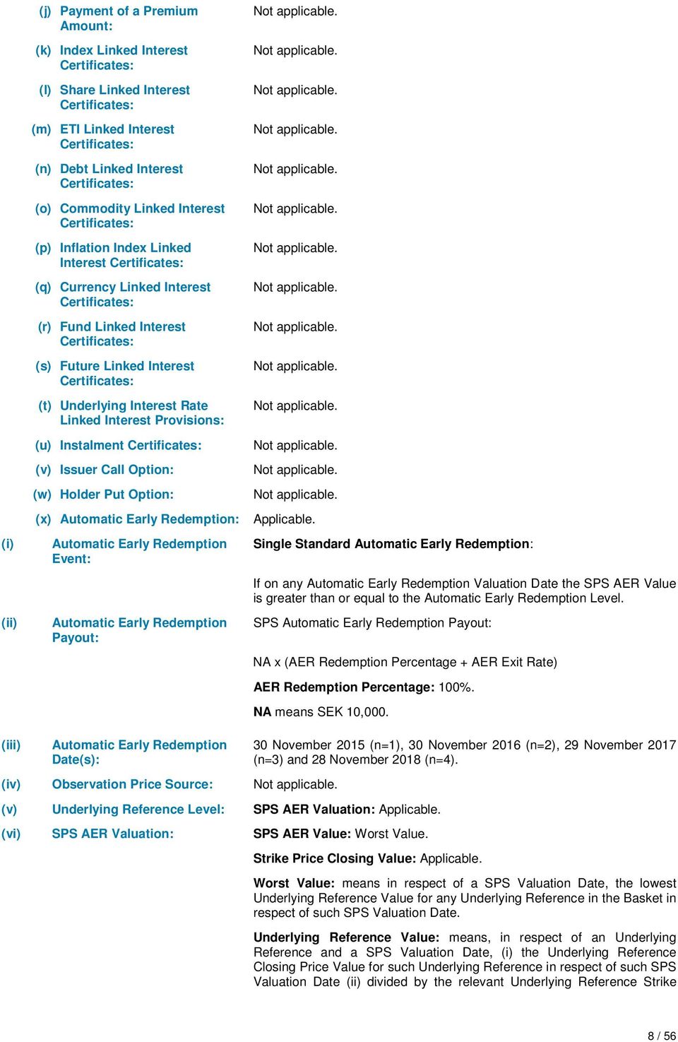 Interest Certificates: (t) Underlying Interest Rate Linked Interest Provisions: (u) Instalment Certificates: (v) Issuer Call Option: (w) Holder Put Option: (x) Automatic Early Redemption: Automatic