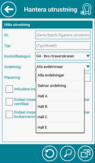 SÖK EFTER UTRUSTNING Hantera Utrustning Klicka på Sök efter utrustning -knappen längst ner i vertygsfältet.