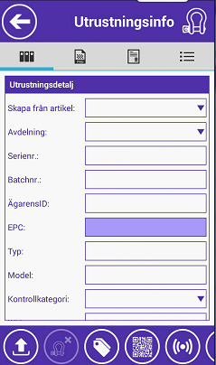 Hantera Utrustning SKAPA UTRUSTNING Klicka på Skapa Utrustning -knappen i nedre vertygsfält. Utrustninginformation visas med alla fält tomma.