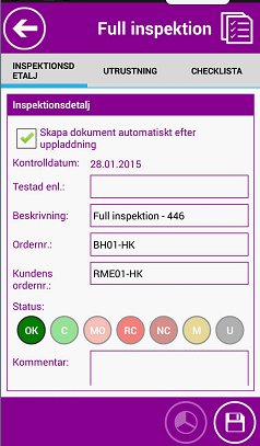 Utför full inspektion UTFÖR FULL INSPEKTION Klicka på Full inspektion i huvudmenyn för att öppna Full inspektions skärmen.