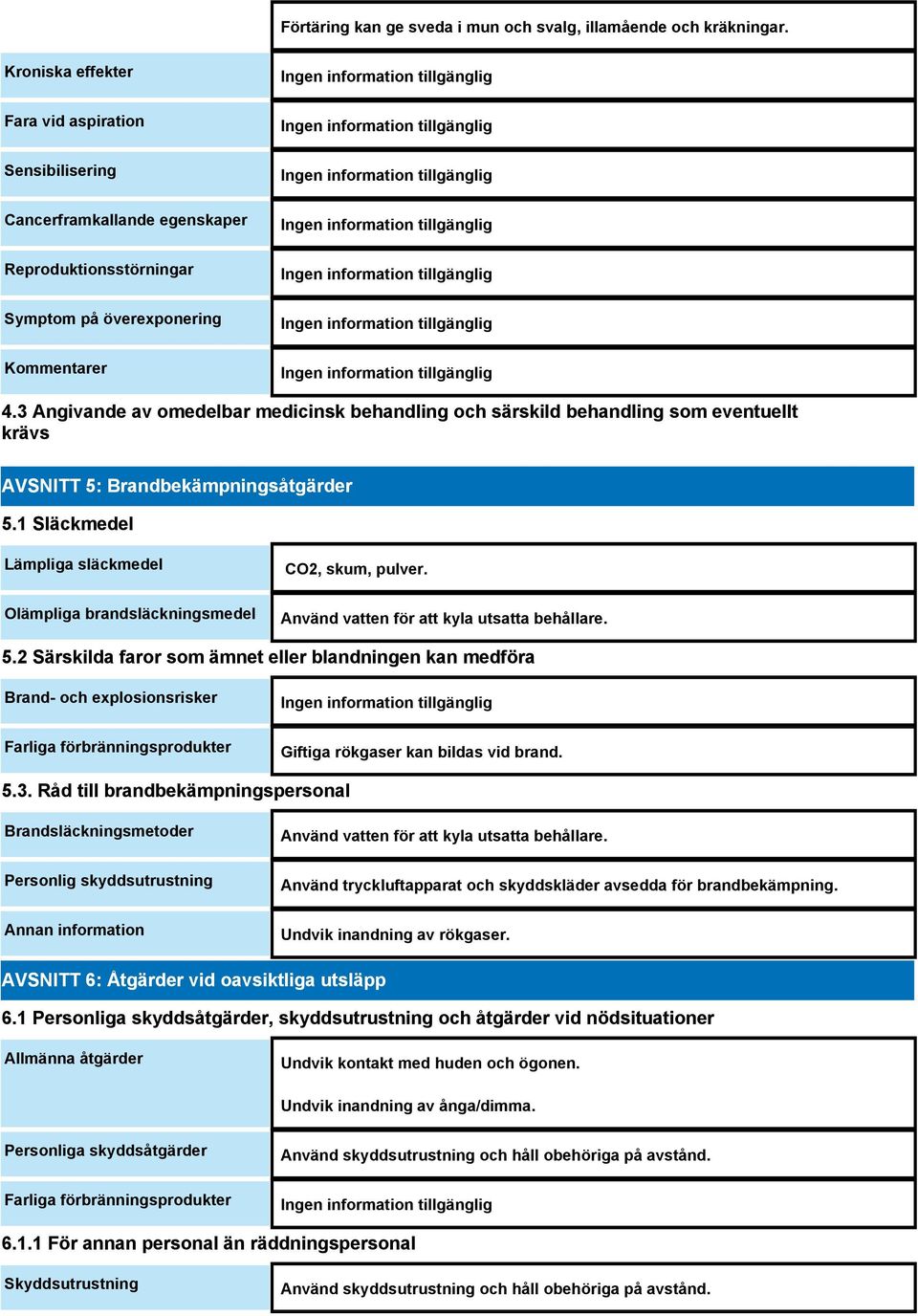 3 Angivande av omedelbar medicinsk behandling och särskild behandling som eventuellt krävs AVSNITT 5: Brandbekämpningsåtgärder 5.