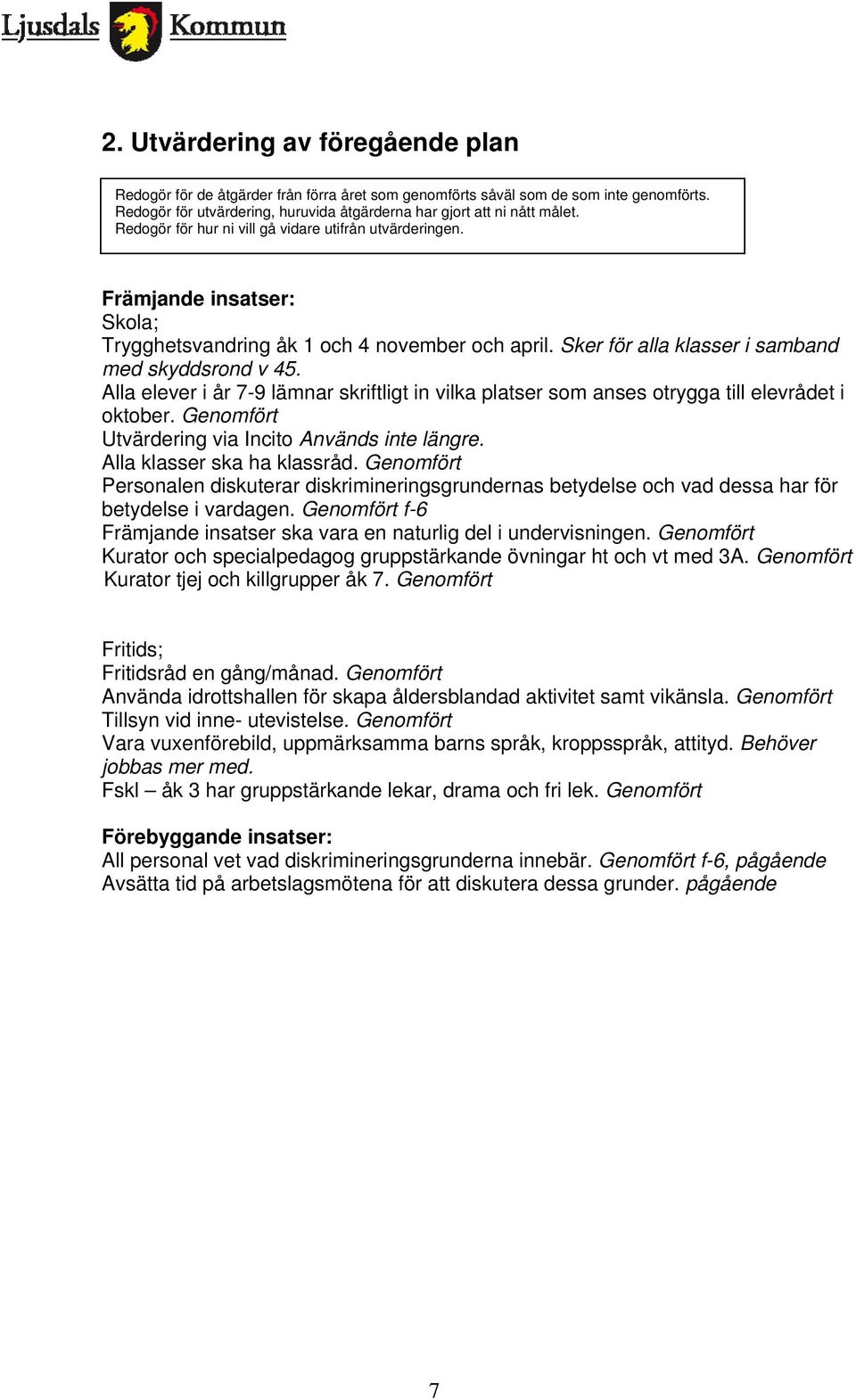 Alla elever i år 7-9 lämnar skriftligt in vilka platser som anses otrygga till elevrådet i oktober. Genomfört Utvärdering via Incito Används inte längre. Alla klasser ska ha klassråd.