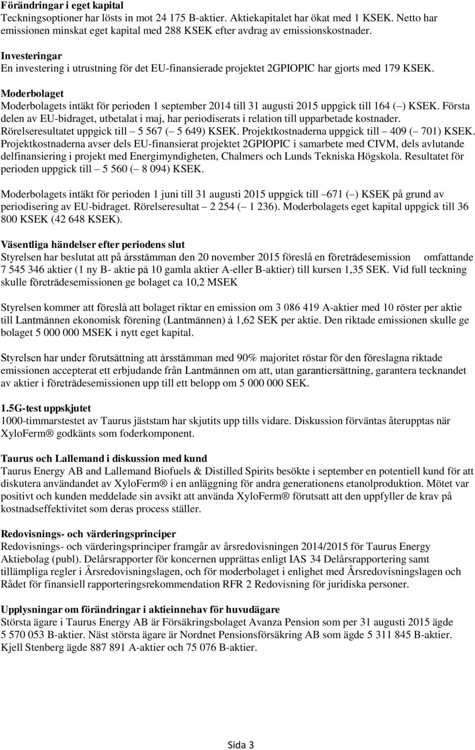 Moderbolaget Moderbolagets intäkt för perioden 1 september 2014 till 31 augusti 2015 uppgick till 164 ( ) KSEK.