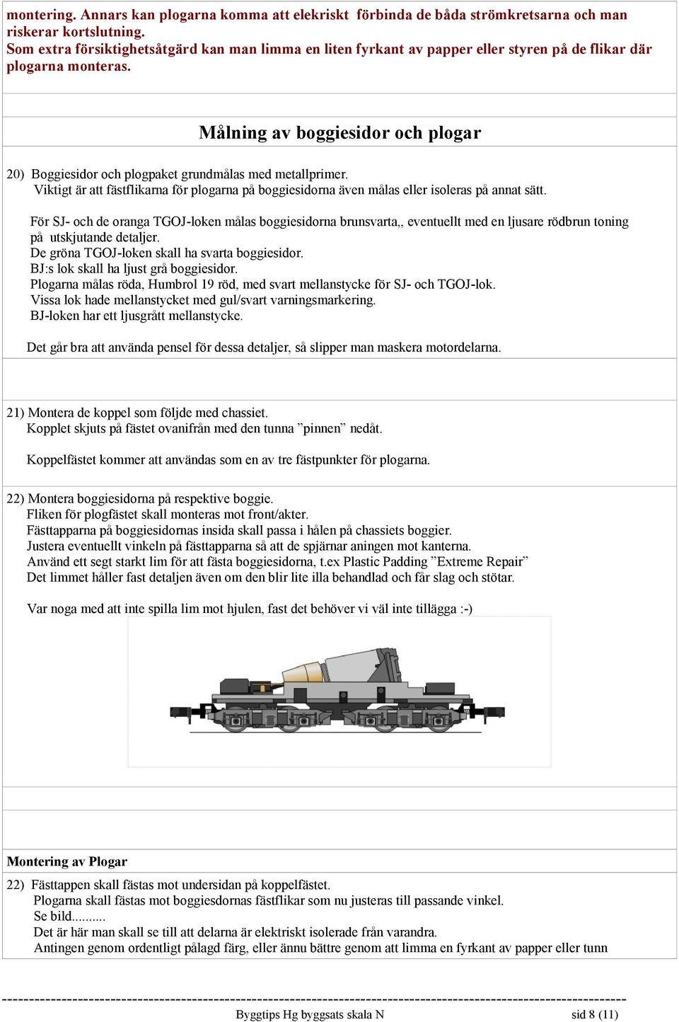 Målning av boggiesidor och plogar 20) Boggiesidor och plogpaket grundmålas med metallprimer. Viktigt är att fästflikarna för plogarna på boggiesidorna även målas eller isoleras på annat sätt.