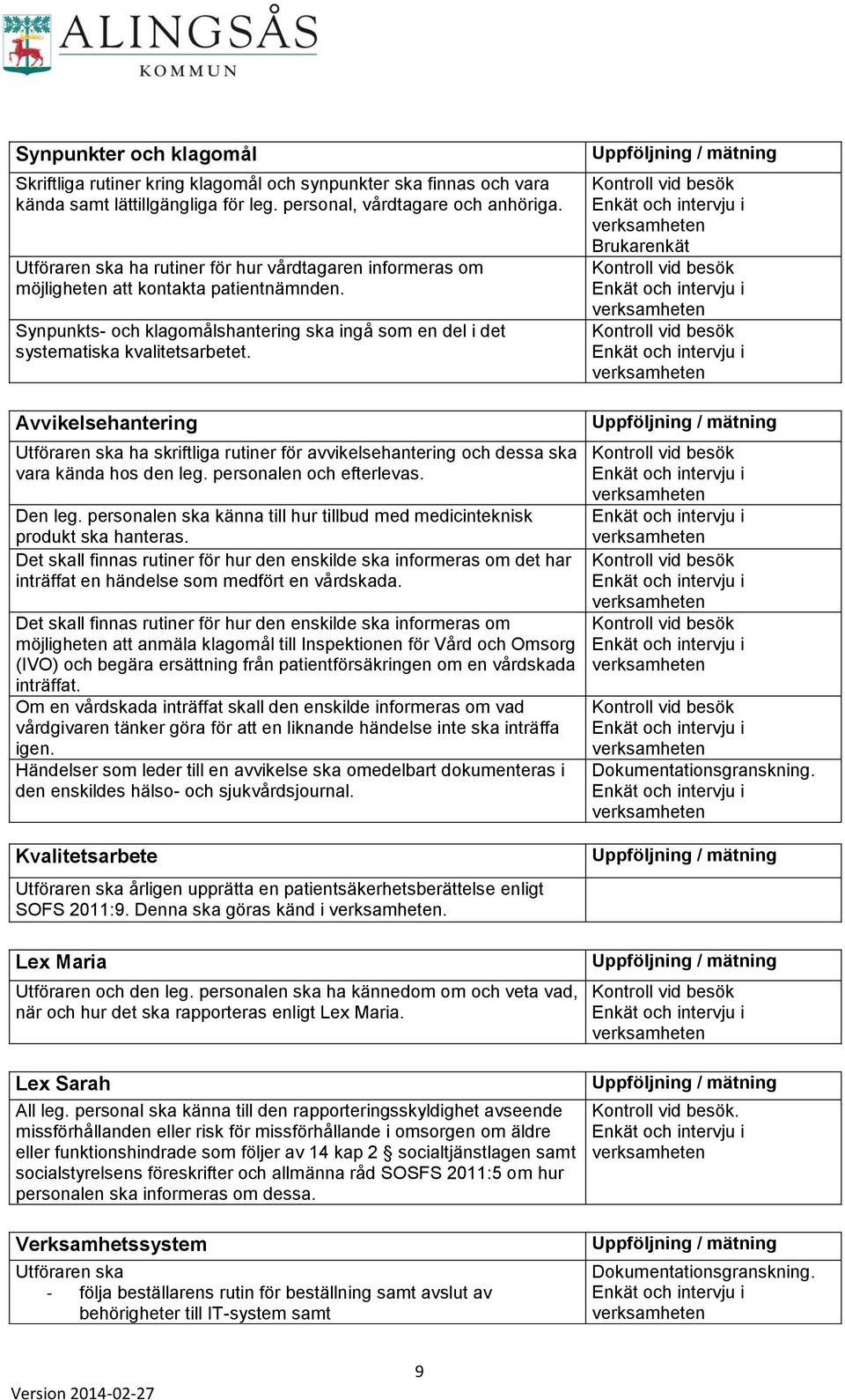 Avvikelsehantering Utföraren ska ha skriftliga rutiner för avvikelsehantering och dessa ska vara kända hos den leg. personalen och efterlevas. Den leg.