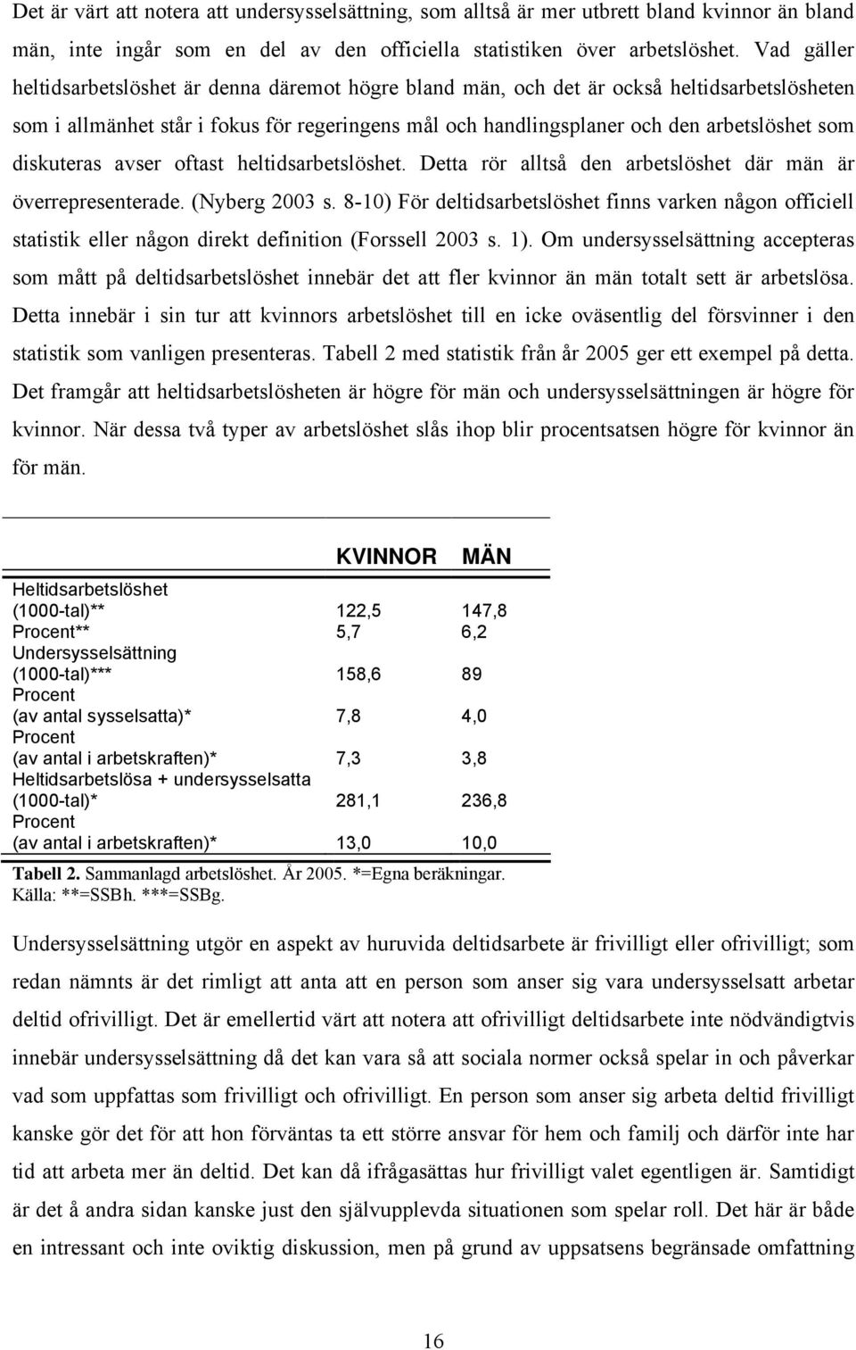 diskuteras avser oftast heltidsarbetslöshet. Detta rör alltså den arbetslöshet där män är överrepresenterade. (Nyberg 2003 s.