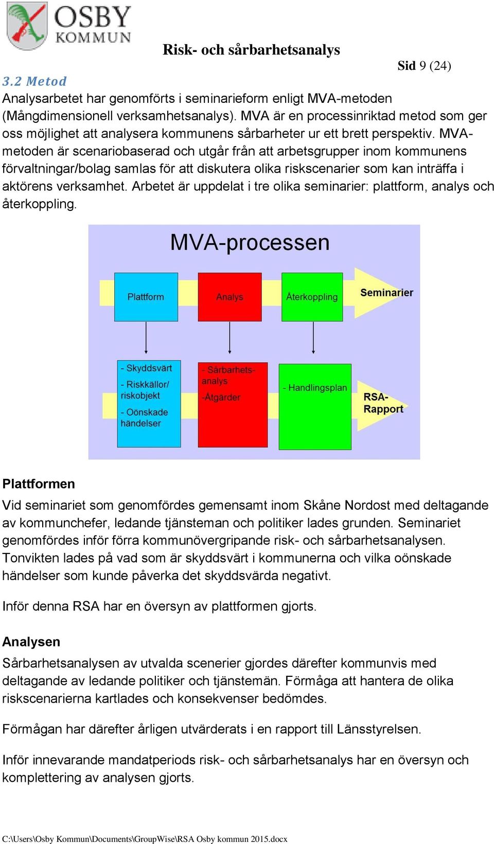 MVAmetoden är scenariobaserad och utgår från att arbetsgrupper inom kommunens förvaltningar/bolag samlas för att diskutera olika riskscenarier som kan inträffa i aktörens verksamhet.