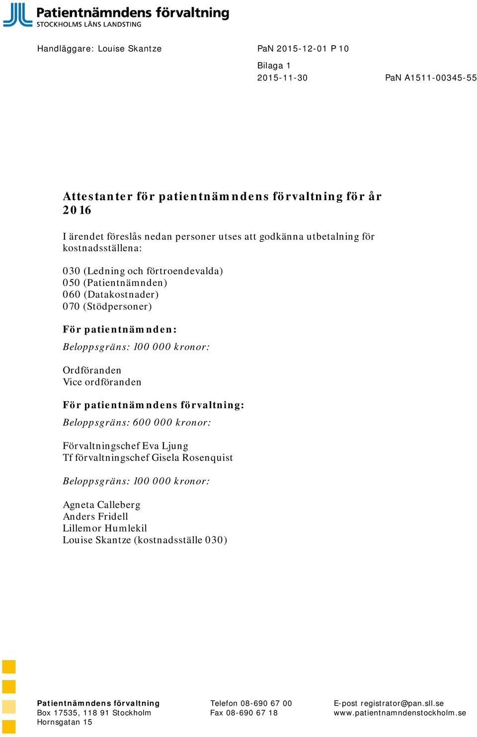 Beloppsgräns: 100 000 kronor: Ordföranden Vice ordföranden För patientnämndens förvaltning: Beloppsgräns: 600 000 kronor: Förvaltningschef Eva Ljung