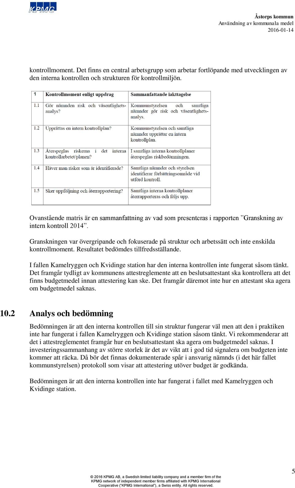 Granskningen var övergripande och fokuserade på struktur och arbetssätt och inte enskilda kontrollmoment. Resultatet bedömdes tillfredsställande.