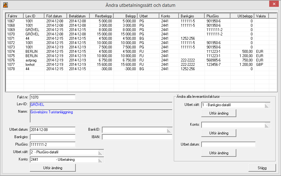 Rutiner 2014-12-10 Ändra utbetalningssätt/konto/utbetalningsdatum på fakturor i urvalet Det finns möjlighet att tillfälligt ändra betalningssätt på de fakturor som ska betalas.