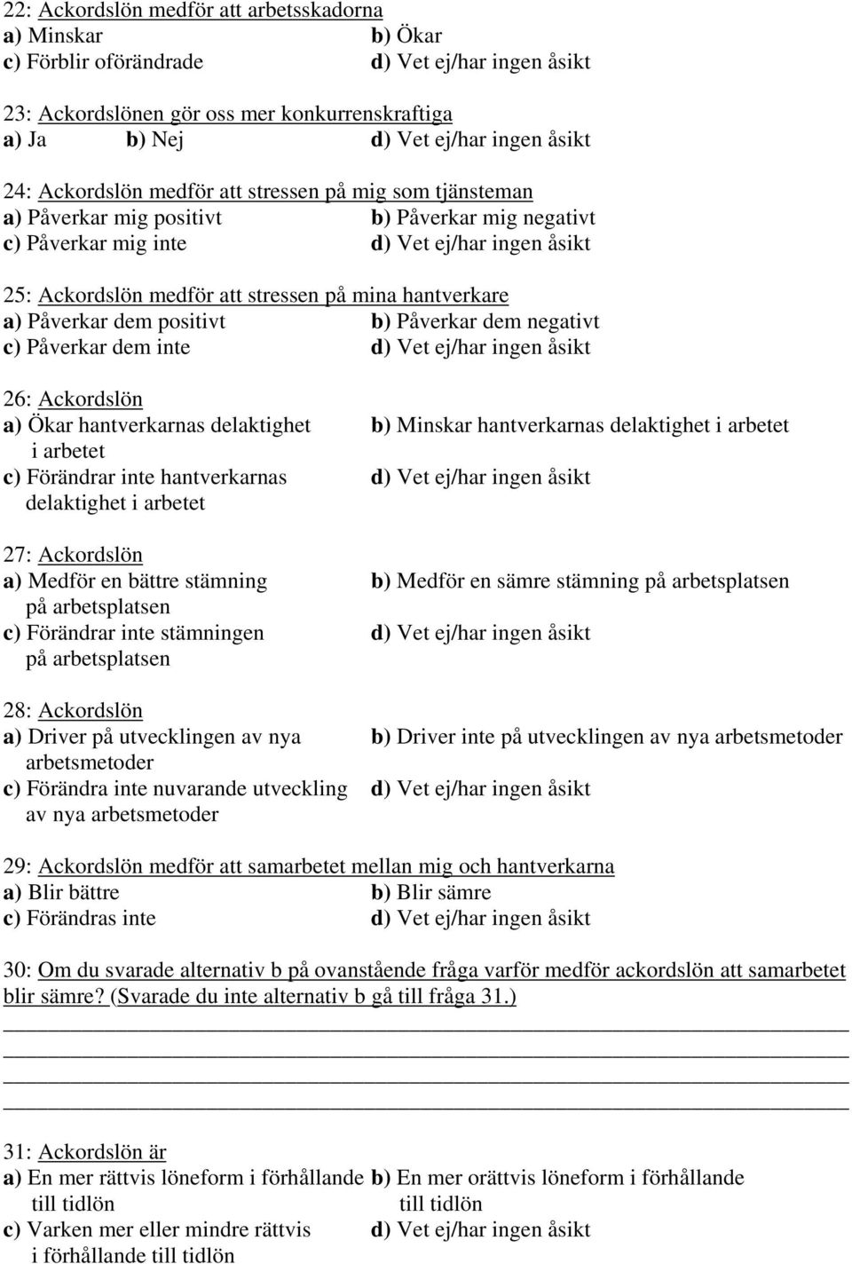 hantverkare a) Påverkar dem positivt b) Påverkar dem negativt c) Påverkar dem inte d) Vet ej/har ingen åsikt : Ackordslön a) Ökar hantverkarnas delaktighet b) Minskar hantverkarnas delaktighet i