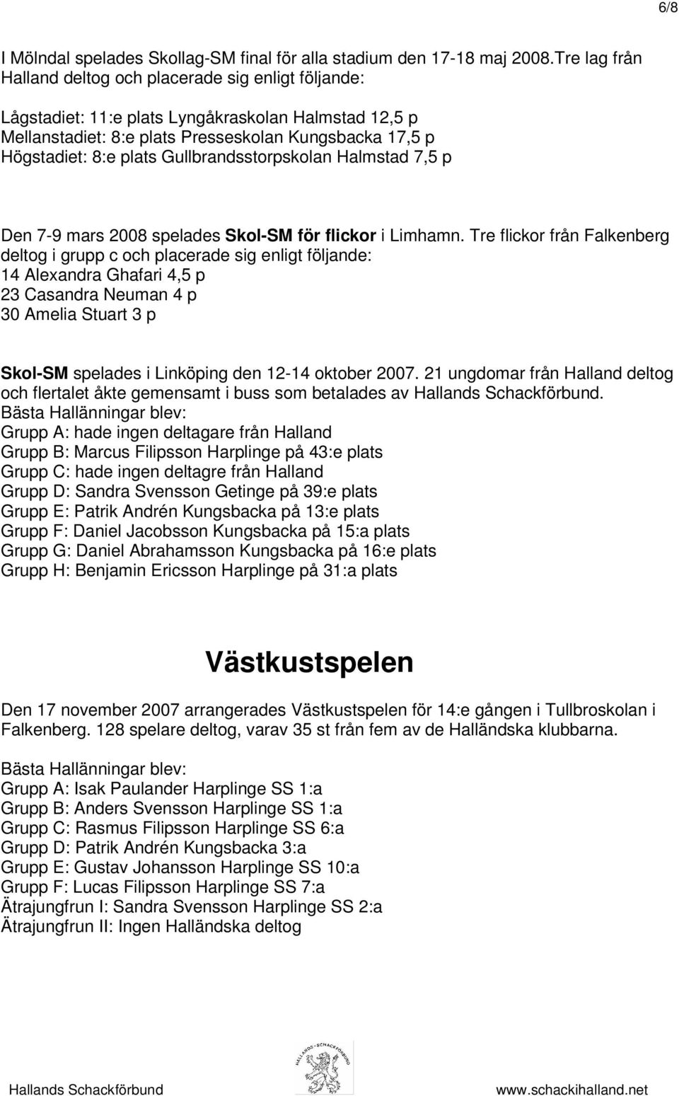 Gullbrandsstorpskolan Halmstad 7,5 p Den 7-9 mars 2008 spelades Skol-SM för flickor i Limhamn.