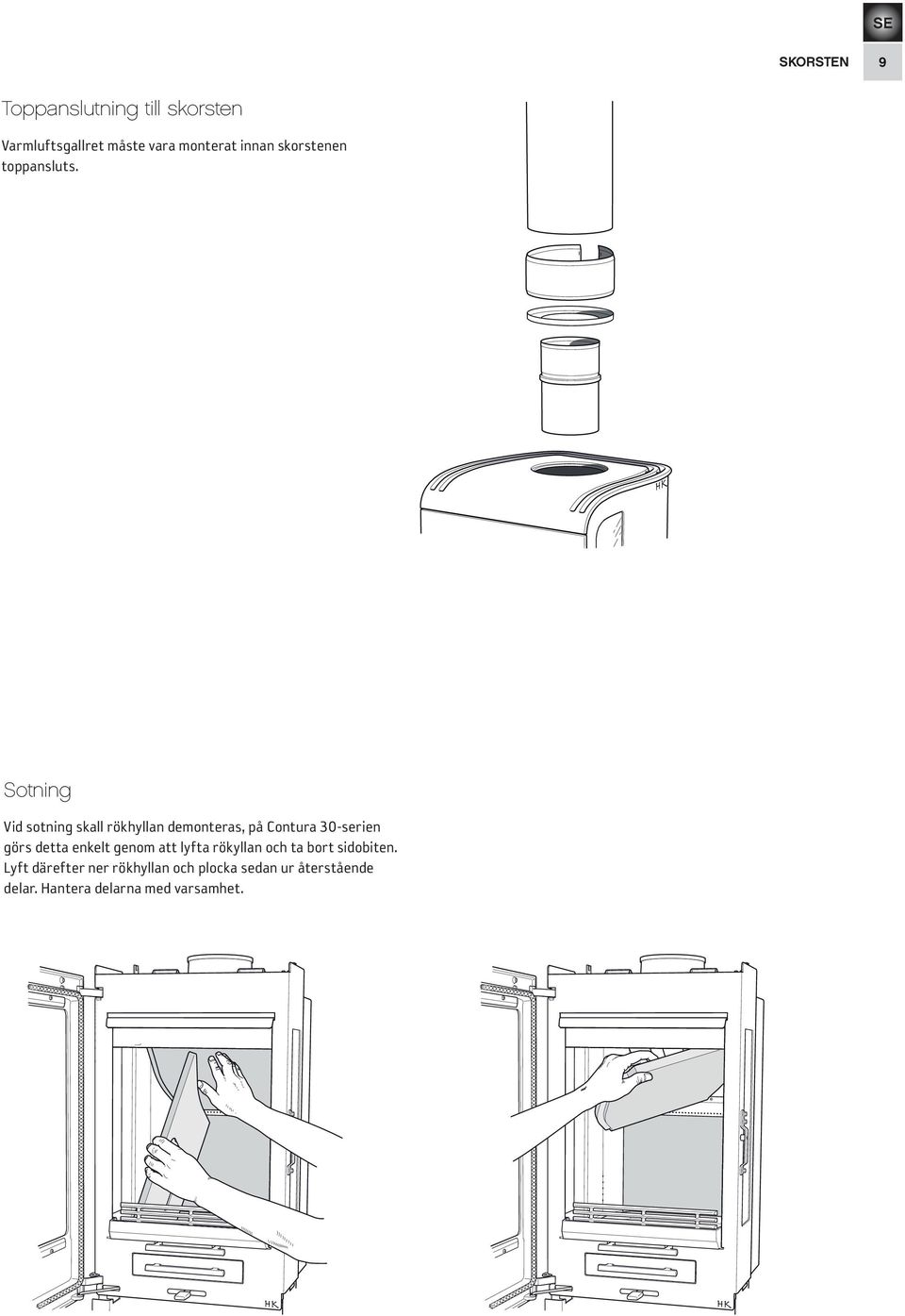 Sotning Vid sotning skall rökhyllan demonteras, på Contura 30-serien görs detta