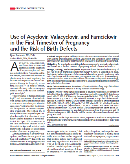 Studier kring läkemedel och graviditet Artikel från JAMA, Aug 2010 Dansk registerstudie Antivirala