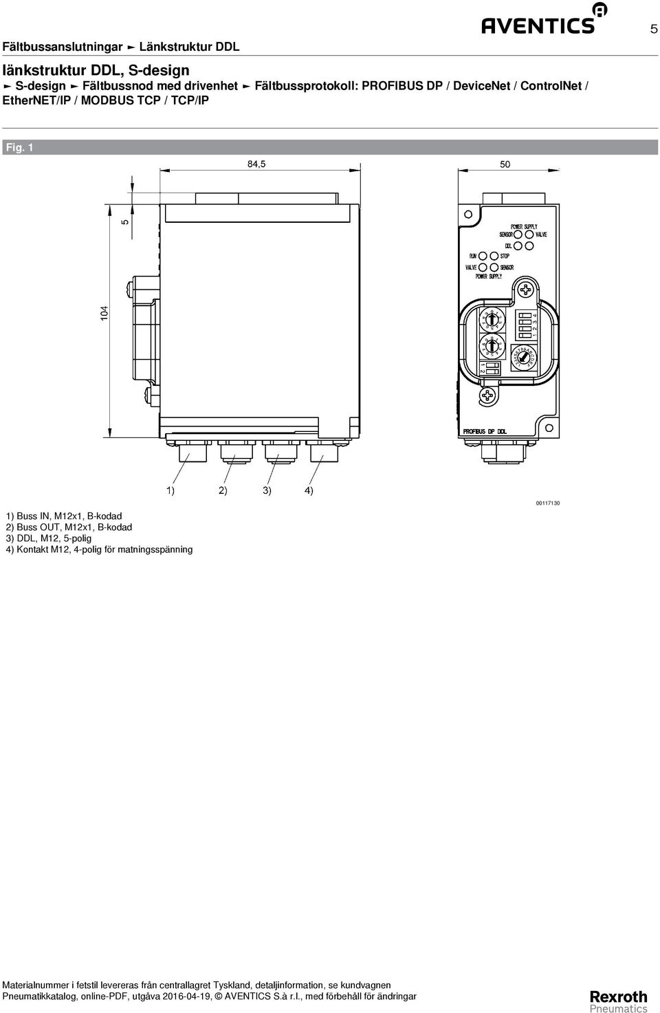 Fig. 1 1) Buss IN, M12x1, B-kodad 2) Buss OUT, M12x1, B-kodad 3)