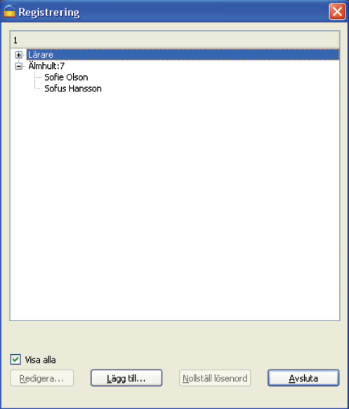 Registreringsdialogboxen ser ut så här: Fönstret visar de lärare och alla klasser med skola som finns registrerade. Fältet Älmhult:7 anger som exempel klass i skolan Älmhult.