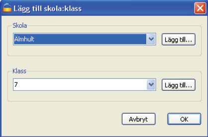 Om skolan inte finns med på listan upprättas den genom att man klickar på Lägg till. Det samma gäller för klasser. När den önskade skolan och klassen är vald klickar man på Ok.
