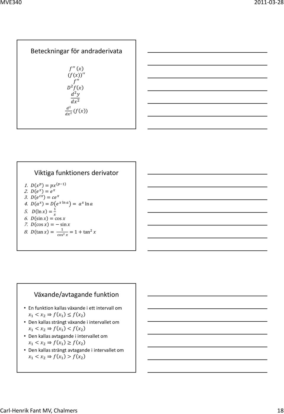 tan = =1+tan Växande/avtagande funktion En funktion kallas växande i ett intervall om < Den