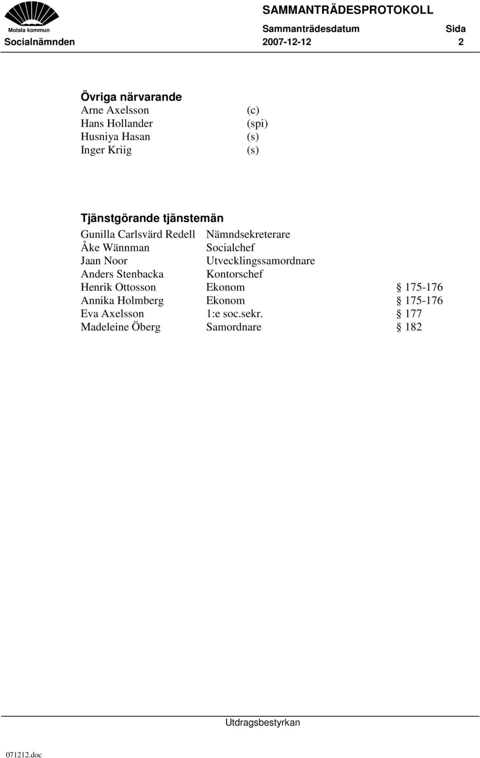 Socialchef Jaan Noor Utvecklingssamordnare Anders Stenbacka Kontorschef Henrik Ottosson Ekonom 175-176