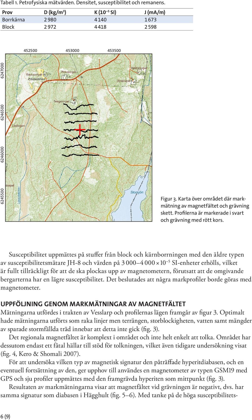 Karta över området där markmätning av magnetfältet och grävning skett. Profilerna är markerade i svart och grävning med rött kors.