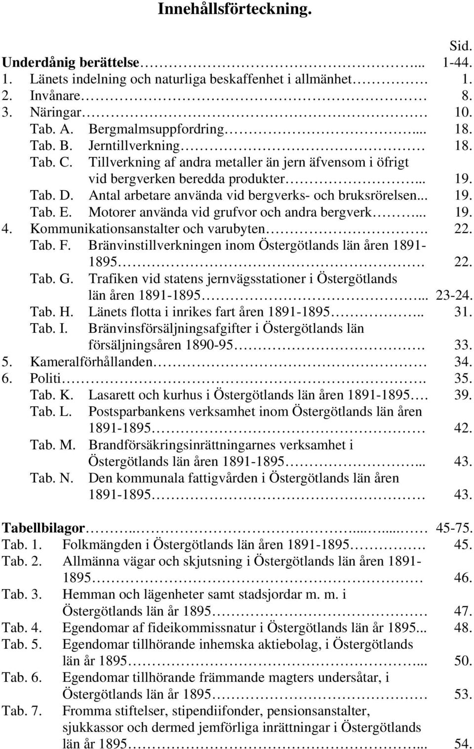 Motorer använda vid grufvor och andra bergverk... 19. 4. Kommunikationsanstalter och varubyten. 22. Tab. F. Bränvinstillverkningen inom Östergötlands län åren 1891-1895. 22. Tab. G.