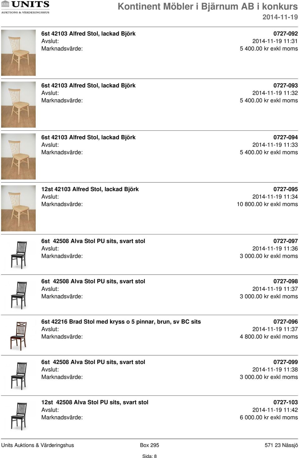 00 kr exkl moms 6st 42508 Alva Stol PU sits, svart stol 0727-097 Avslut: 11:36 6st 42508 Alva Stol PU sits, svart stol 0727-098 Avslut: 11:37 6st 42216 Brad Stol