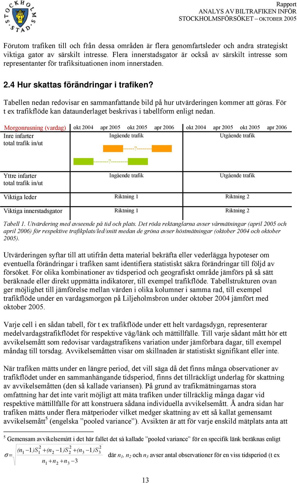 Tabellen nedan redovisar en sammanfattande bild på hur utvärderingen kommer att göras. För t ex trafikflöde kan dataunderlaget beskrivas i tabellform enligt nedan.