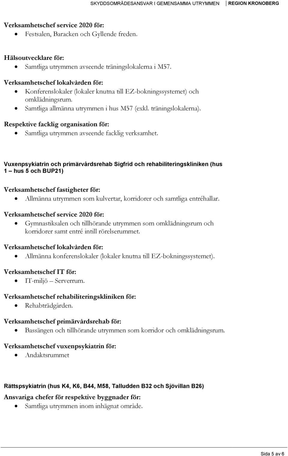 Vuxenpsykiatrin och primärvårdsrehab Sigfrid och rehabiliteringskliniken (hus 1 hus 5 och BUP21) Allmänna utrymmen som kulvertar, korridorer och samtliga entréhallar.