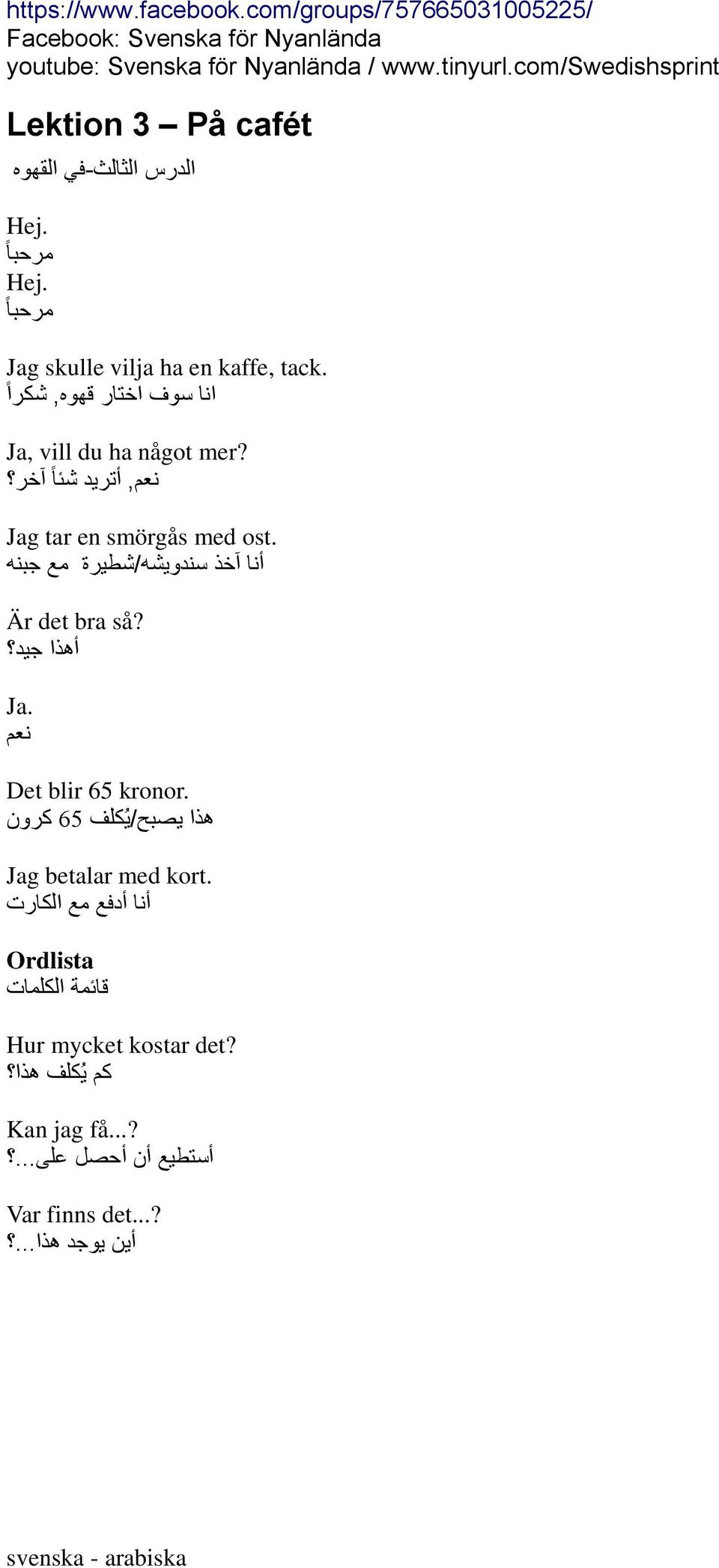 أنا آخذ سندويشه/شطيرة مع جبنه Är det bra så? أهذا جيد Ja. نعم Det blir 65 kronor.