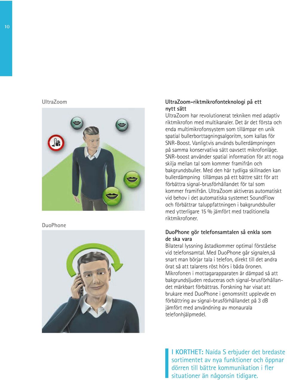 Vanligtvis används bullerdämpningen på samma konservativa sätt oavsett mikrofonläge. SNR-boost använder spatial information för att noga skilja mellan tal som kommer framifrån och bakgrundsbuller.