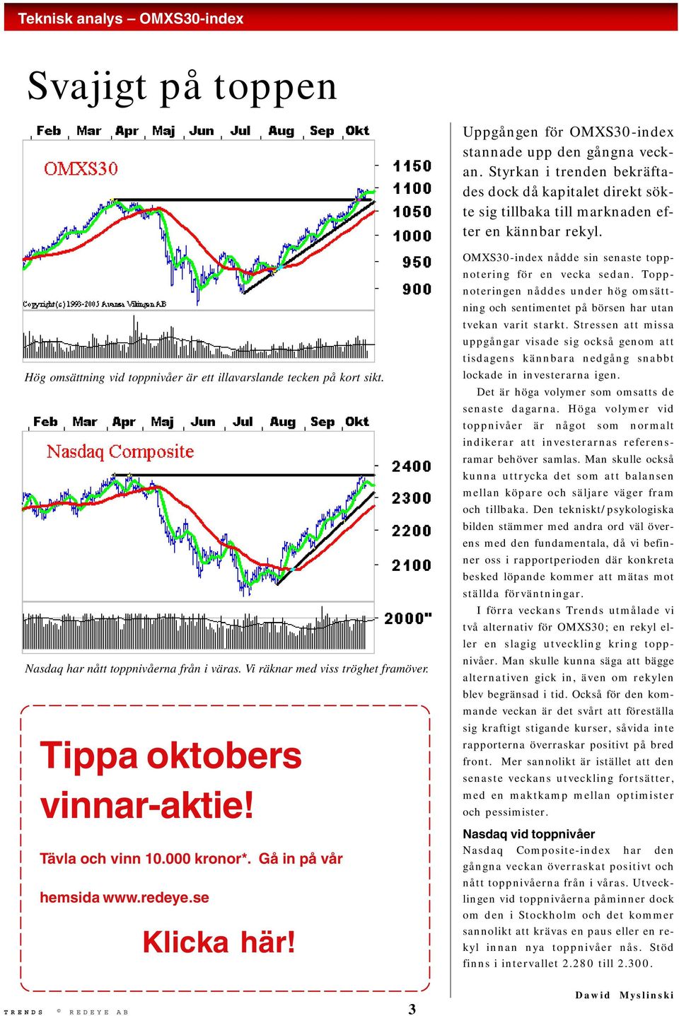 Nasdaq har nått toppnivåerna från i väras. Vi räknar med viss tröghet framöver. Tippa obers vinnar-aktie! Tävla och vinn 10.000 kronor*. Gå in på vår hemsida www.redeye.se Klicka här!