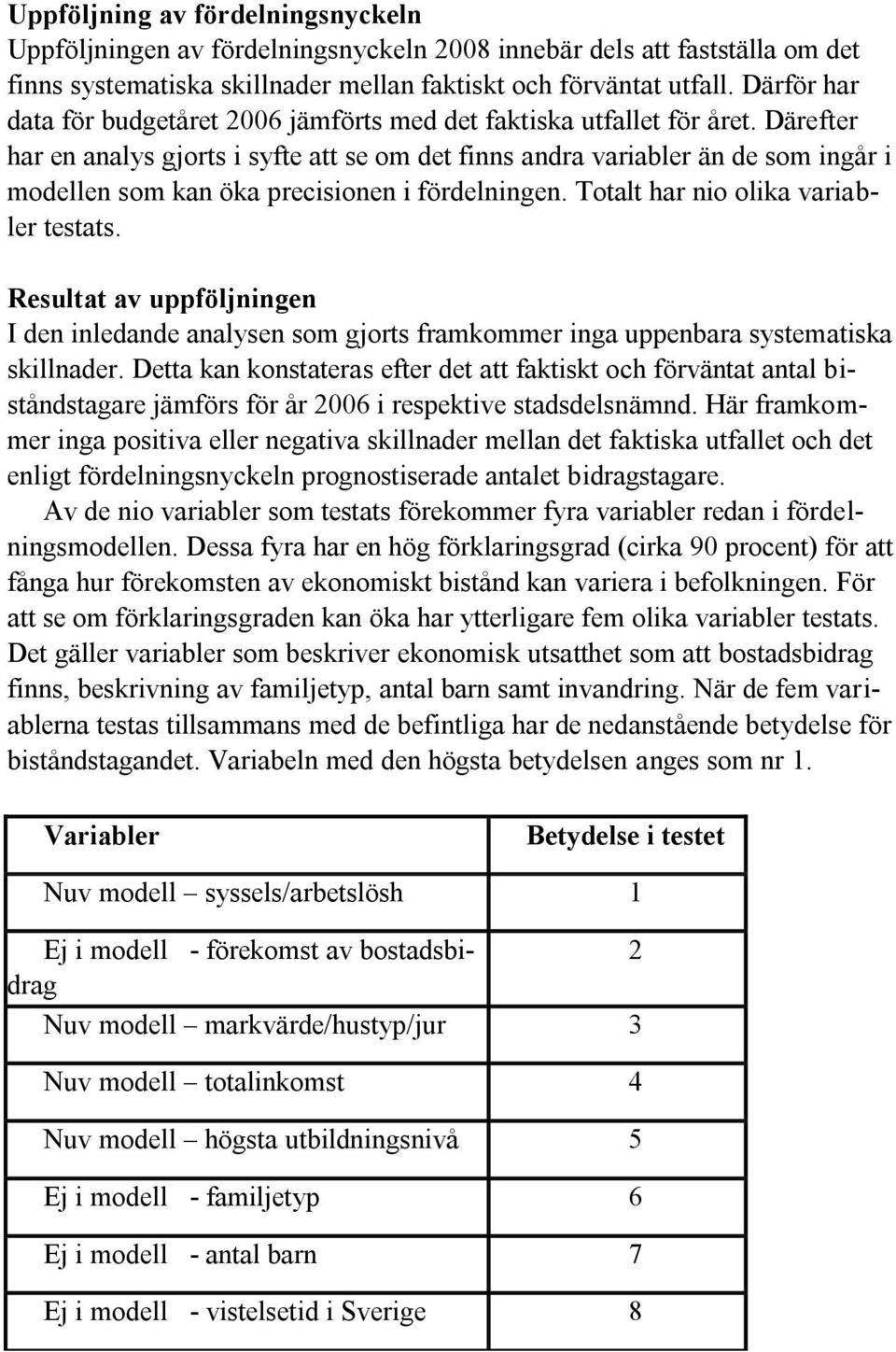 Därefter har en analys gjorts i syfte att se om det finns andra variabler än de som ingår i modellen som kan öka precisionen i fördelningen. Totalt har nio olika variabler testats.