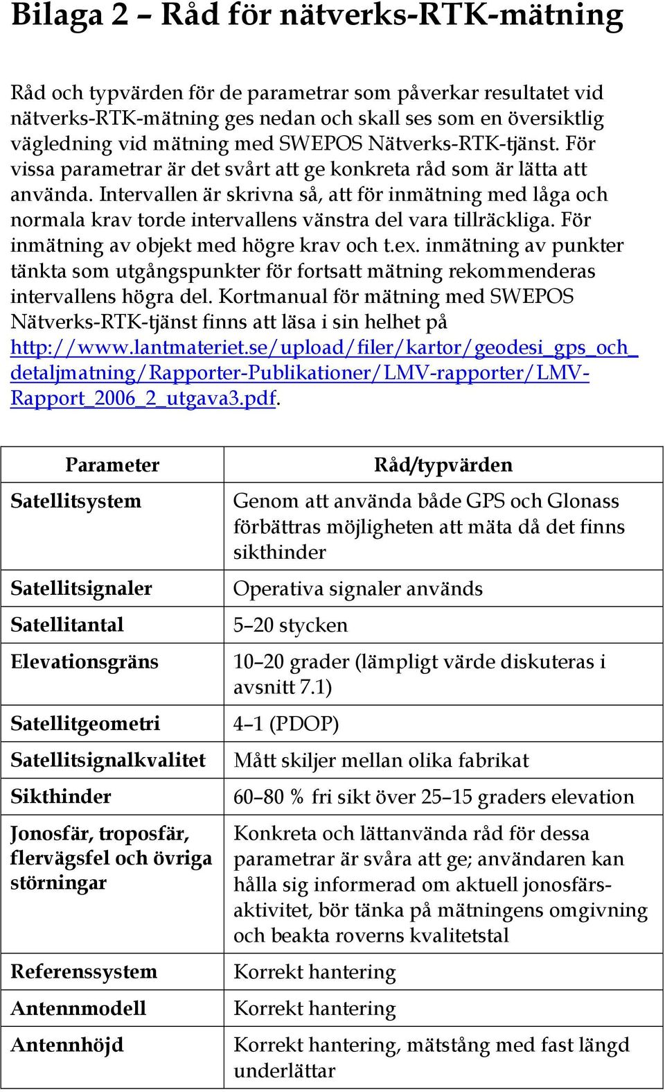 Intervallen är skrivna så, att för inmätning med låga och normala krav torde intervallens vänstra del vara tillräckliga. För inmätning av objekt med högre krav och t.ex.