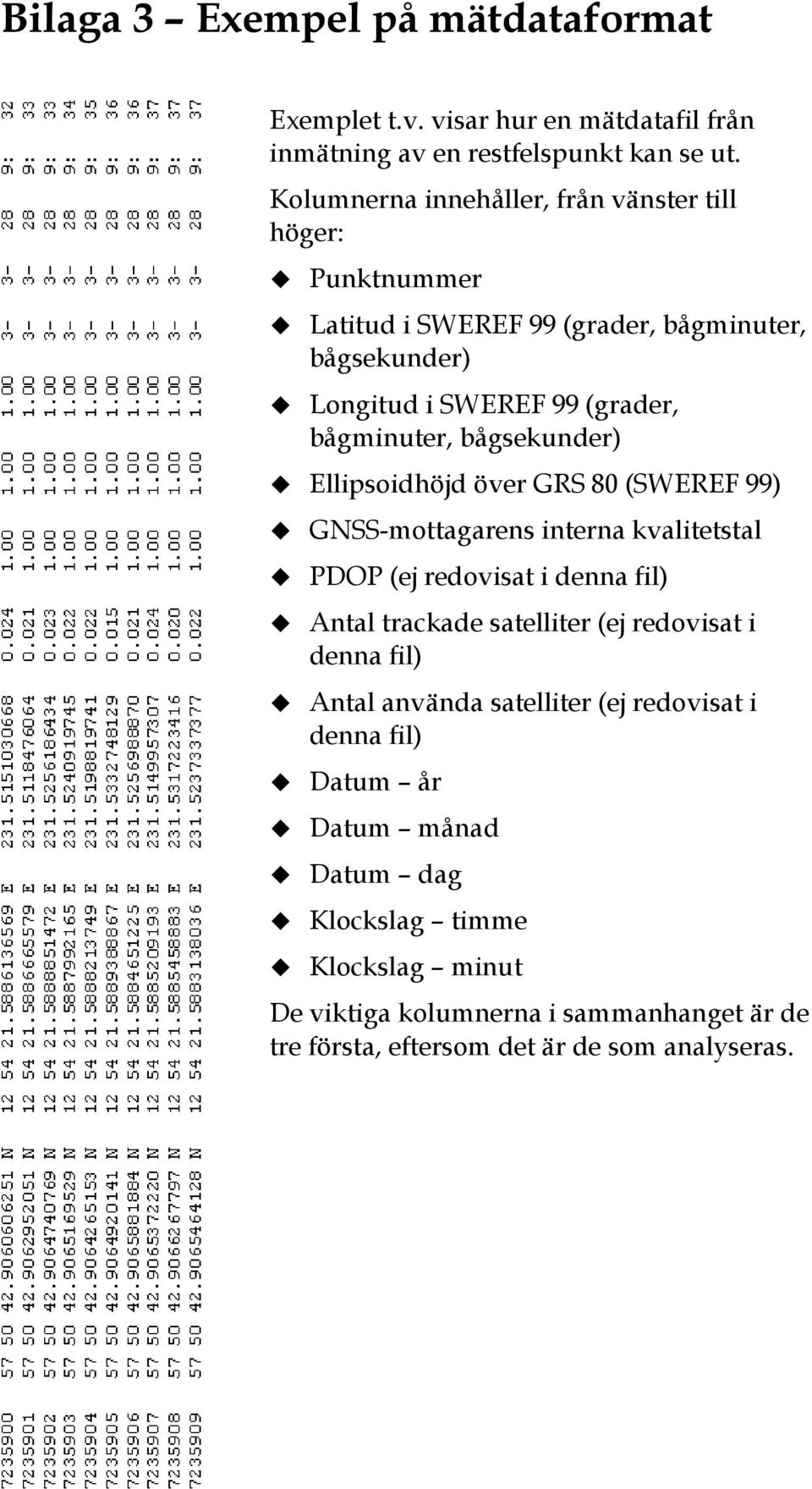 bågsekunder) Ellipsoidhöjd över GRS 80 (SWEREF 99) GNSS-mottagarens interna kvalitetstal PDOP (ej redovisat i denna fil) Antal trackade satelliter (ej redovisat i