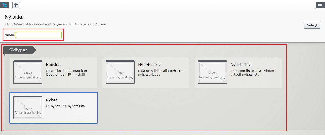 EPi Skapa och redigera sidor För att skapa en sida så markerar man den sidan som den nya sidtypen ska ligga under.