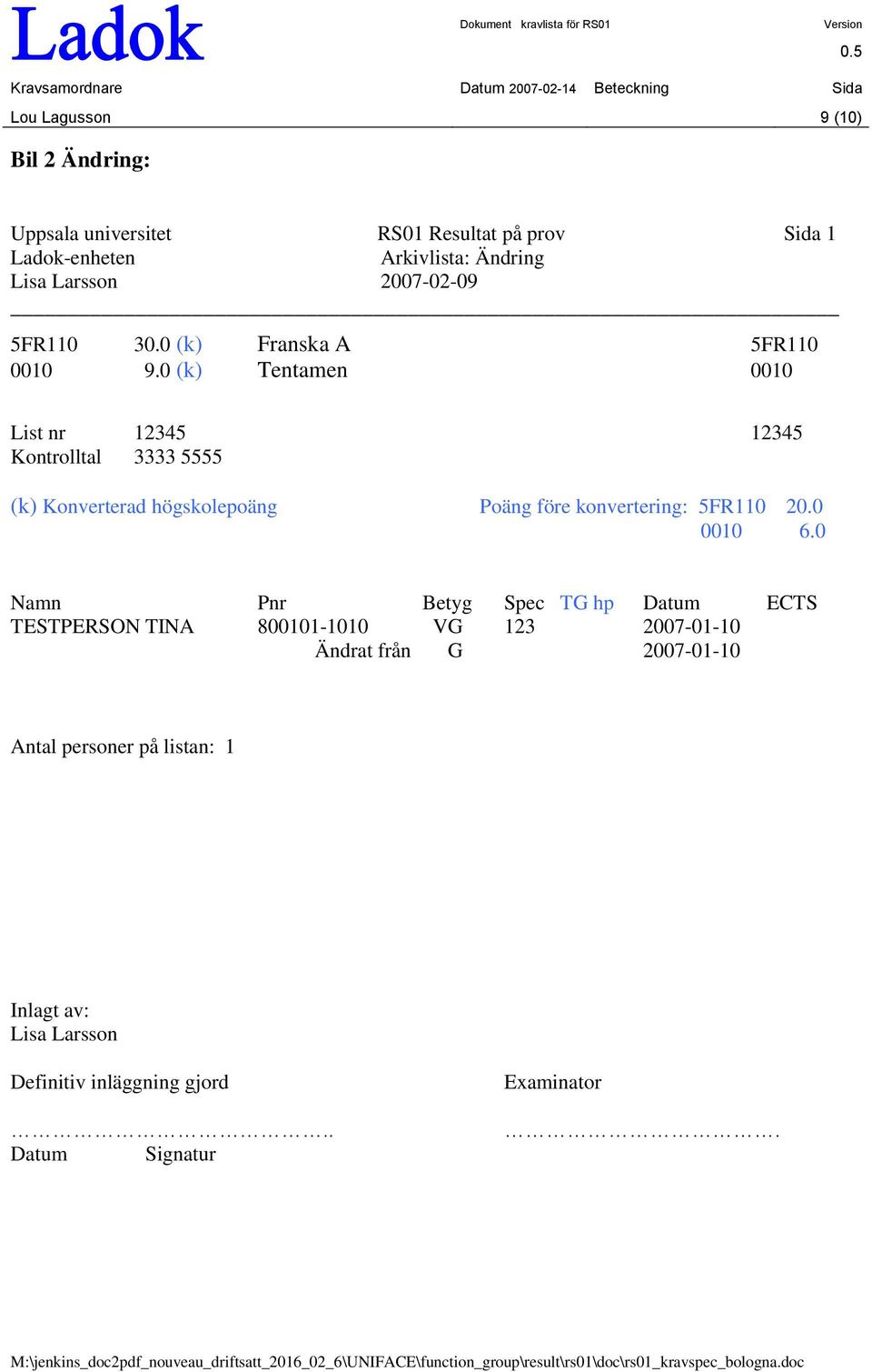 0 (k) Tentamen 0010 List nr 12345 12345 Kontrolltal 3333 5555 (k) Konverterad högskolepoäng Poäng före konvertering: 5FR110 20.