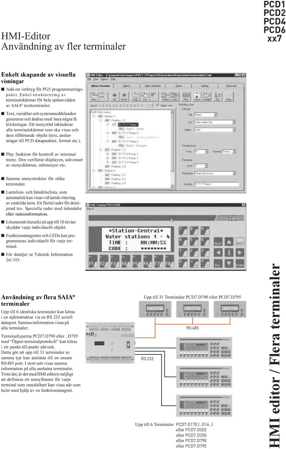 Ett menyträd inkluderar alla terminalskärmar som ska visas och dess tillhörande objekt (text, anslutningar till PCD datapunkter, format etc.). Play funktion för kontroll av terminal meny.