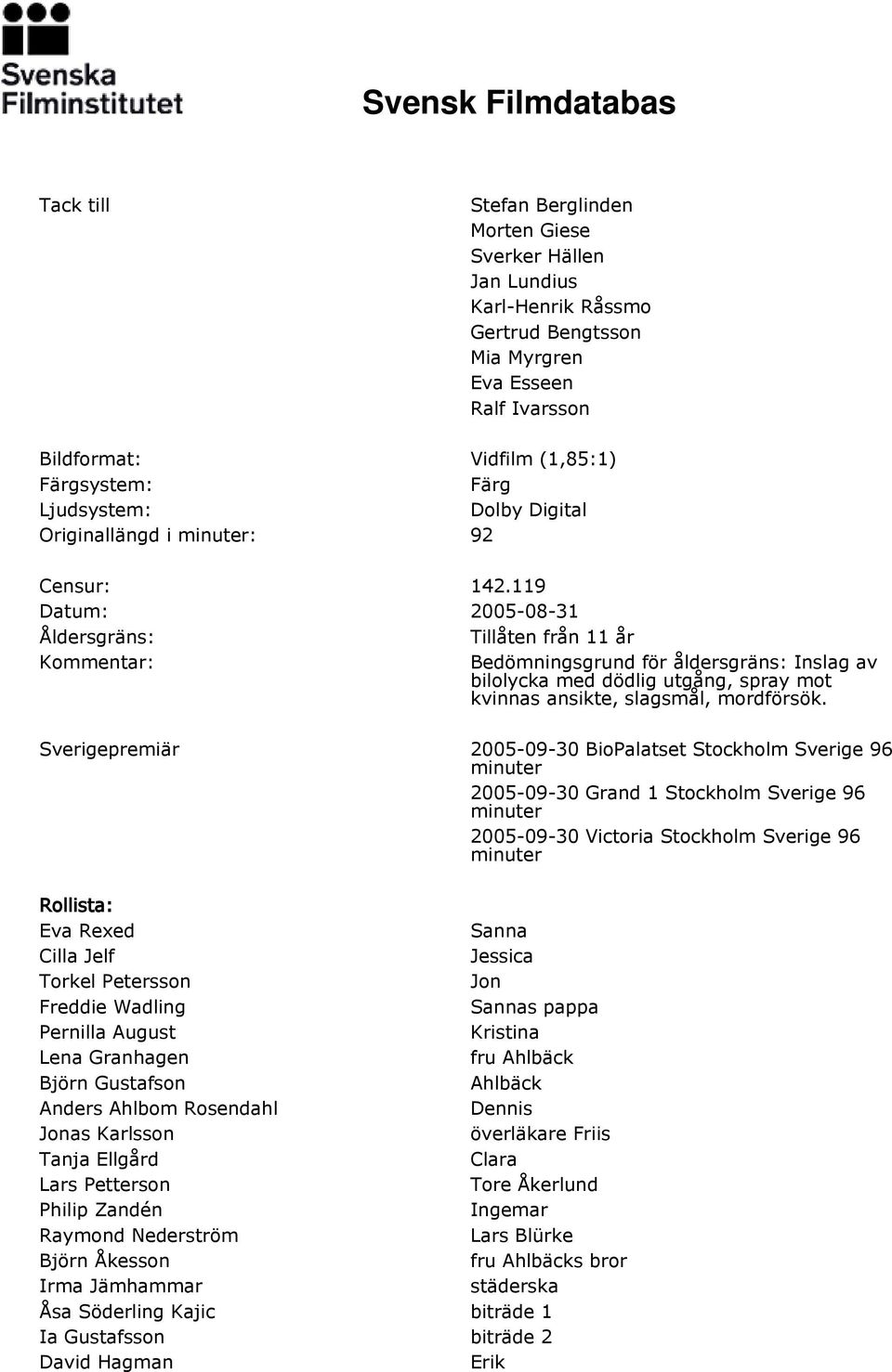 119 Datum: 2005-08-31 Åldersgräns: Tillåten från 11 år Bedömningsgrund för åldersgräns: Inslag av bilolycka med dödlig utgång, spray mot kvinnas ansikte, slagsmål, mordförsök.