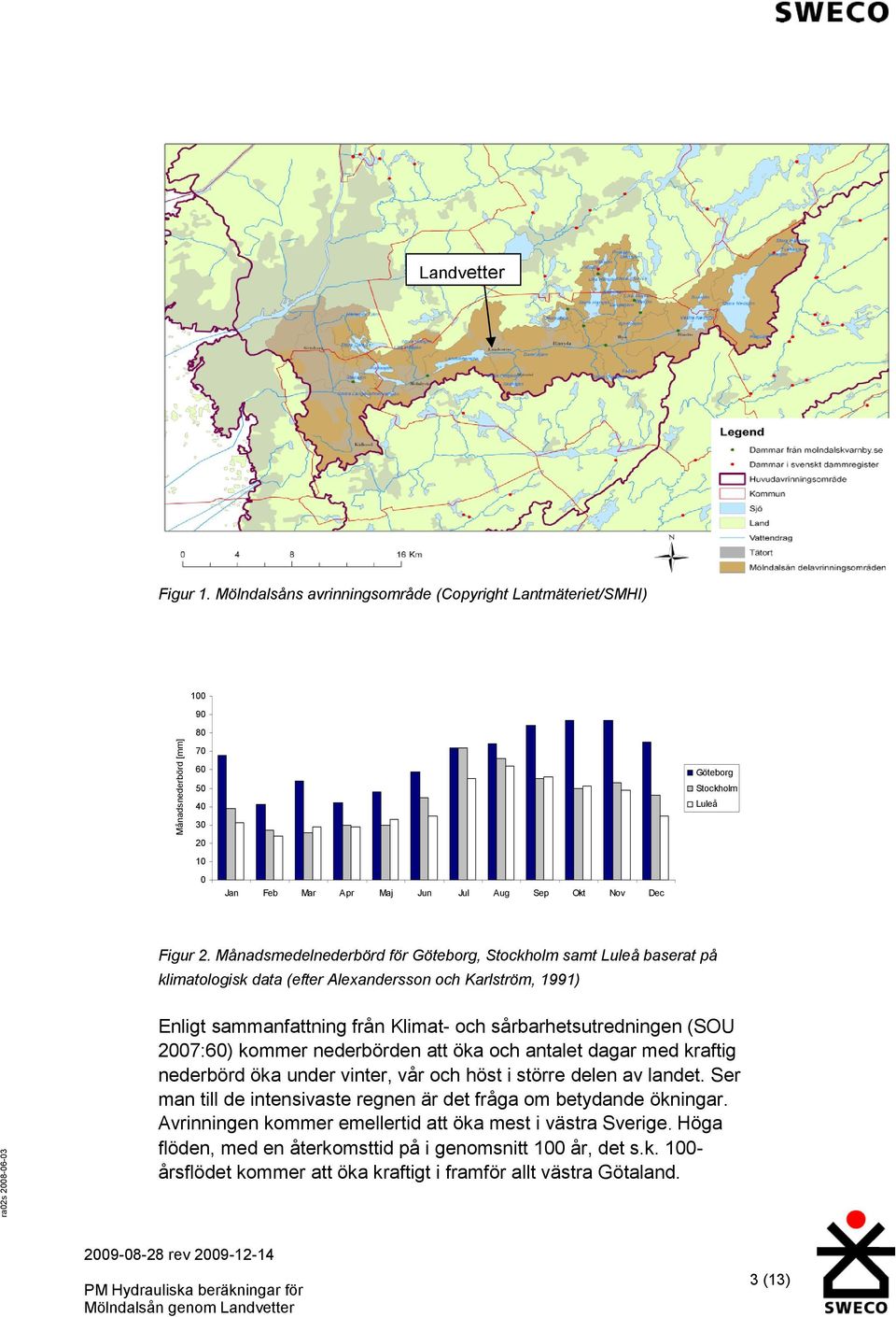 Månadsmedelnederbörd för Göteborg, Stockholm samt Luleå baserat på klimatologisk data (efter Alexandersson och Karlström, 1991) Enligt sammanfattning från Klimat- och sårbarhetsutredningen (SOU