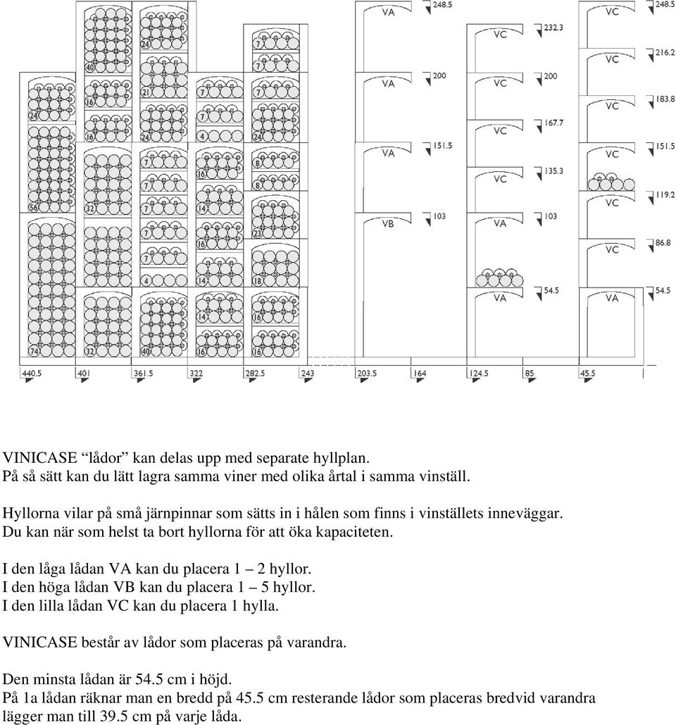 I den låga lådan VA kan du placera 1 2 hyllor. I den höga lådan VB kan du placera 1 5 hyllor. I den lilla lådan VC kan du placera 1 hylla.