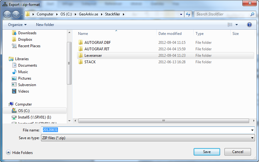 8. Vi ska nu döpa zipfilen lämpligen enligt samma pricip som urvalet med dagens datum och spara den på lämplig plats. I detta exempel har en mapp skapats Leveranser i projektet.