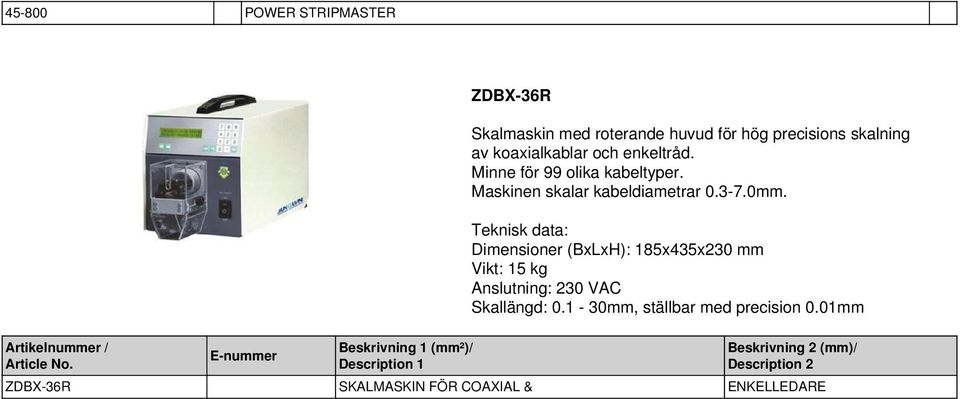 Maskinen skalar kabeldiametrar 0.3-7.0mm.