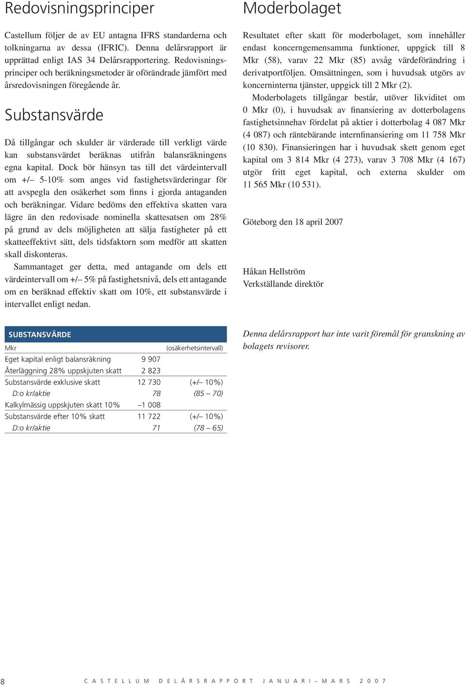 Substansvärde Då tillgångar och skulder är värderade till verkligt värde kan substansvärdet beräknas utifrån balansräkningens egna kapital.