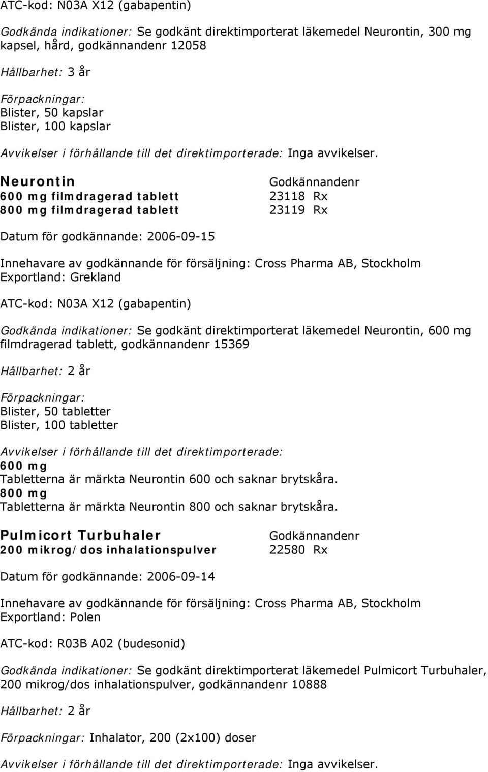 Neurontin 600 mg filmdragerad tablett 23118 Rx 800 mg filmdragerad tablett 23119 Rx Innehavare av godkännande för försäljning: Cross Pharma AB, Stockholm Exportland: Grekland ATC-kod: N03A X12